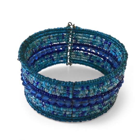 Multi‑Strand Seed Bead Open Cuff Bracelet – Shades of Blue & Gray - Picture 7 of 11